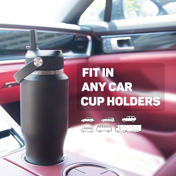 32oz Black Water Bottle Stainless Steel, Keep Cold 24H&Hot 12H, Water Bottle with Straw&Spout Lids, Insulated Water Bottle Double Wall Vacuum, Fit in Any Car Cup Holder, Leak-proof BPA Free