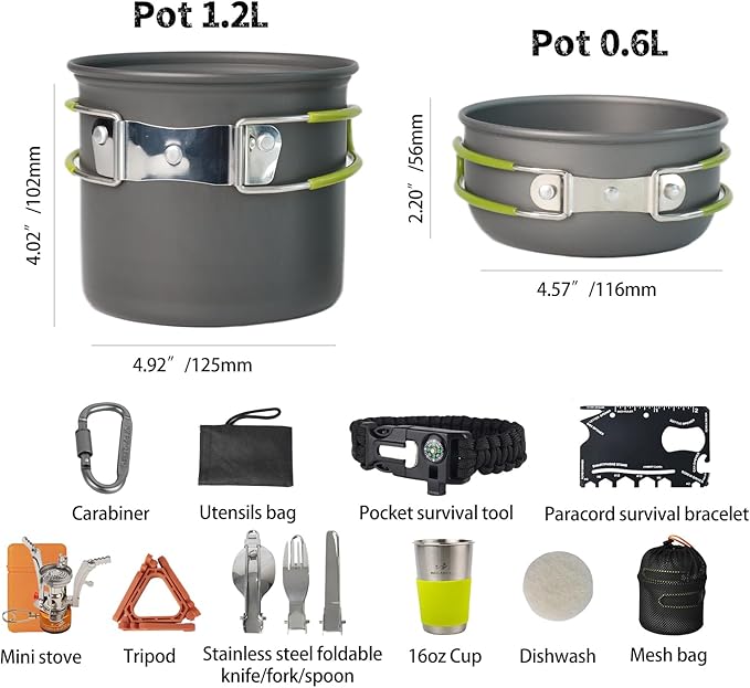 Camping Cookware Mess Kit, 16 pcs Backpacking Cooking Set, Lightweight Camping Pots and Stove Set for 1-2 Person, Outdoor Cooking Gear Ideal for Camping, Hiking, Backpacking and Picnic