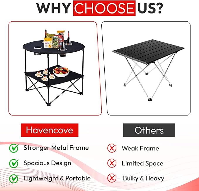 Camping Table, 2-Tier Folding Portable Table with 4 Cup Holders, Camping Cip & Carry Bags for Camping, Collapsible Table Steel Frame, High-Grade 600D Canvas, for BBQ, Fishing, and Picnic