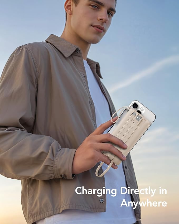 VRURC Portable Charger Power Bank,10000mAh Travel Essentials Battery Pack, 5 Outputs 2 Inputs Slim USB C Charging Bank Built-in Cables Cords Compatible with iPhone,Samsung,Android-Light Coffee(1 Pack)