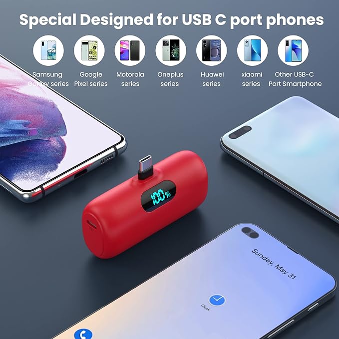 Mini Portable Charger 5000mAh Power Bank,15W PD USB C Cell Phone Portable Power, LCD Display Battery Pack Compatible With iPhone 15/15 Plus/15 Pro/15 Pro Max/Android/Samsung/Moto/LG (Type-C Only)