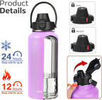 Water Bottle Insulated 32oz 40oz 64oz 128oz Straw Lid Spout Lid & 3 Lids, Leak Proof, Vacuum Insulated,Stainless Steel Water Bottle Wide Mouth for Sports, Gym or Office