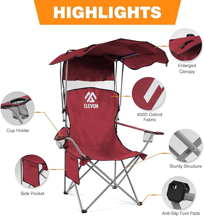 Camping Chair, Oversized Folding Chair with Canopy, Portable Outdoor Chair with Arms, Cup Holder and Carry Bag for Camping, Fishing, Beach, and Sports, Red