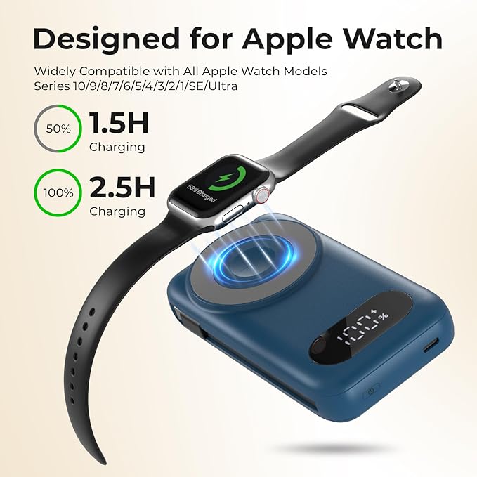 Magnetic Portable Charger 26800mAh for iPhone 16/15/14/13/12 with Built-in Cables，6-in-1 Wireless Power Bank with iWatch Charger and Compatible with Samsung, Android Phones, AirPods(Blue)