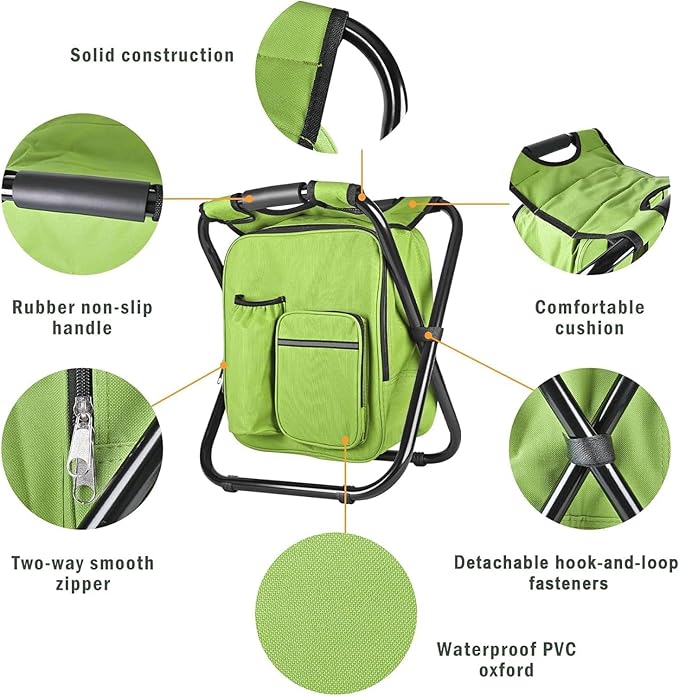 Kikerike Backpack Stool Cooler Chair Heavy Duty 400 LBS Max Load Portable Lightweight Stool Backpack Folding Fishing Cooler Seat for Camping Hunting Fishing - Grass Green