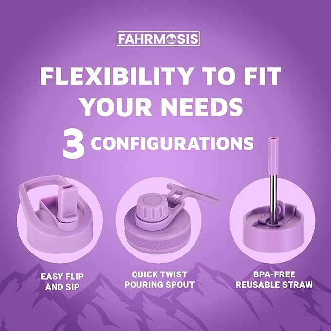 64 Oz Water Bottle with Straw Stainless Steel Sports Water Bottle with 3 Lids (Straw, Chug and Flip Lid) Leak Proof Metal Half Gallon Jug for Men & Women - Lavender