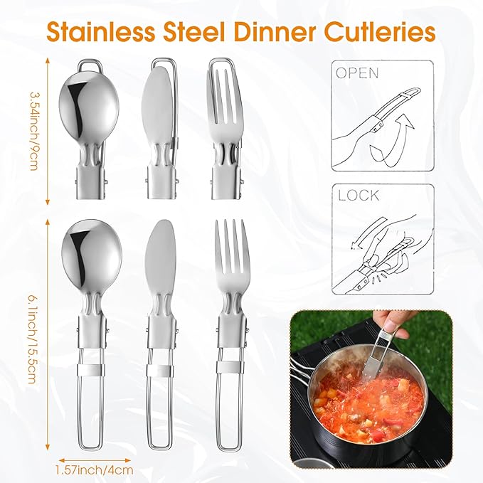 14 Piece Camp Cooking Set, Stainless Steel Camping Cookware with Pot and Pan Kit 2 Set Stainless Steel Cups Plates Forks Knives Spoons for Camping, Backpacking, Outdoor Cooking and Picnic