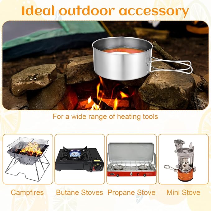 15 Pcs Camping Cookware Set, Stainless Steel Outdoor Camping Cooking Kit with Pot and Pan Cups Plates Forks Knives Spoons Kit for 1-2 Person Camping, Backpacking, Outdoor Cooking and Picnic