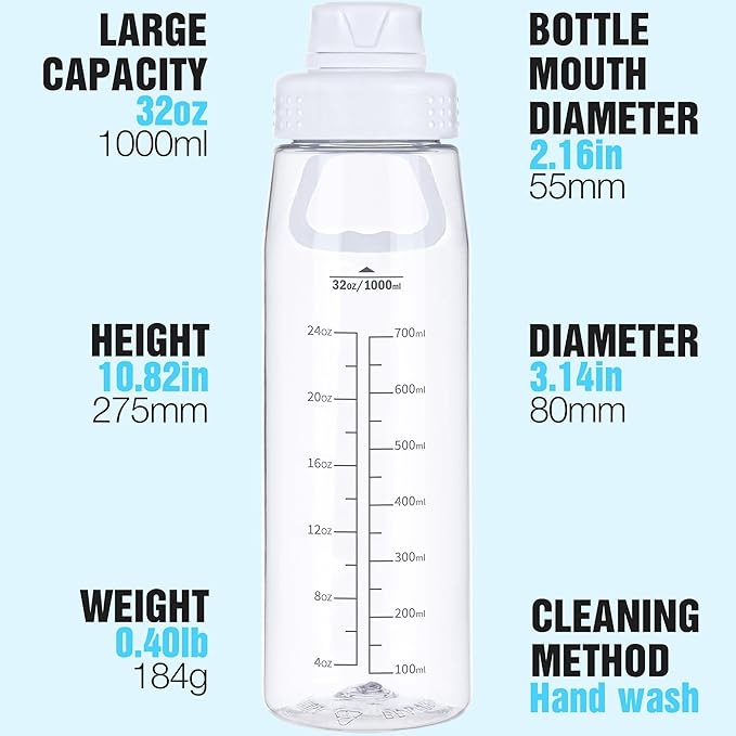 Water Bottle 32oz, clear water bottle with Spout Lid and Carry Handle, Reusable, Tritan, BPA Free, Hiking Water Bottle Suitable for Travel, Outdoors, Gym, Travel, Home, School (Clear)
