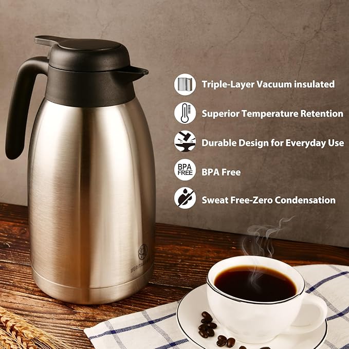 Heritage66 Thermal Coffee Carafe -Triple Wall Vacuum insulated Flask- keeping Beverages Hot for 12 hours /24 hours cold Tea, Water, and Coffee Dispenser (2 Liter/68Oz with Brush)