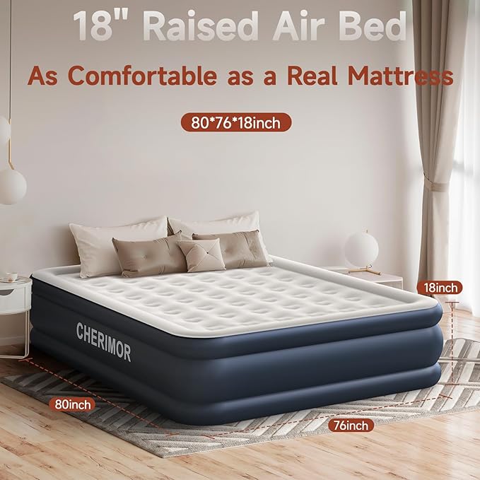 King Size Air Mattress with Built-in Pump, 18in Raised Heavy Duty Inflatable Bed, 1000lbs Maxs, Fast Inflatable Blow up Mattress with Carry Bag, Air Bed for Camping Sleepover Guest Room