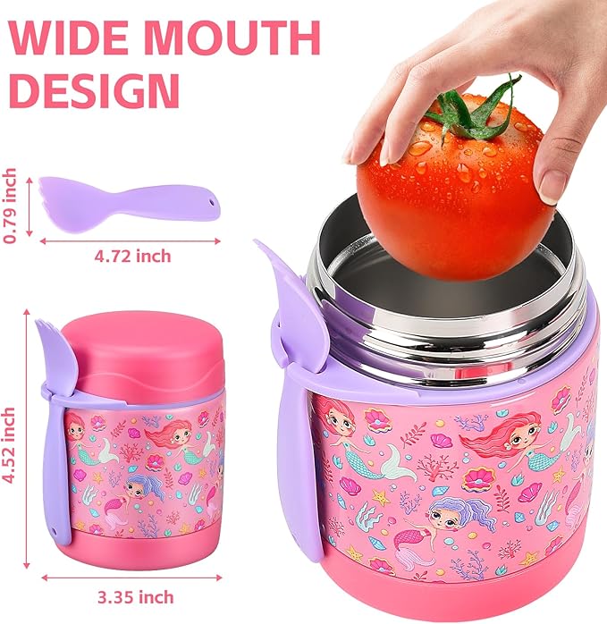 10oz Soup Thermo for Hot Food Kids Insulated Food Jar,Thermo Hot Food Lunch Container, Width Mouth Stainless Steel Lunch Box for Kids with Spoon (Pink-mermaid)
