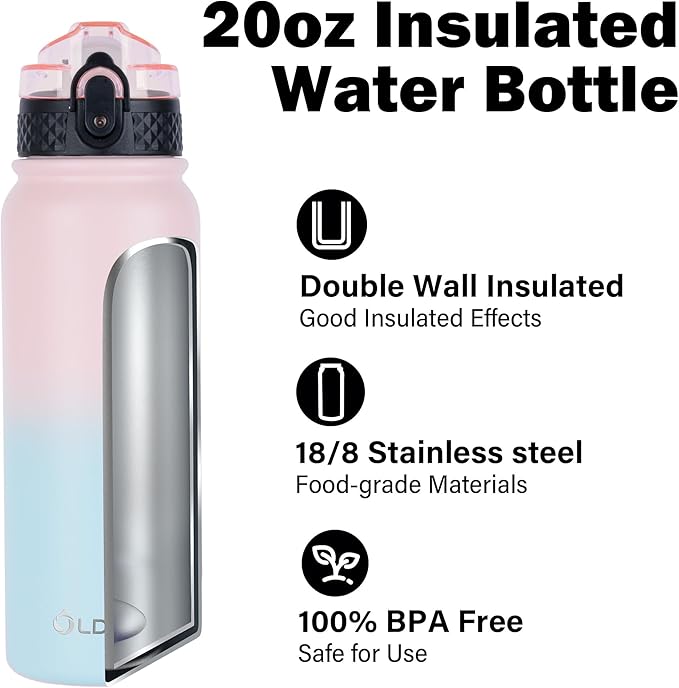 Oldley Insulated Water Bottle 20oz Water Bottles with Straw, Stainless Steel Water Bottle with 3 Lids, Double Wall Vacuum Bottles for Adult Kids, Sports Bottles for School Travel, Light Pink-Blue
