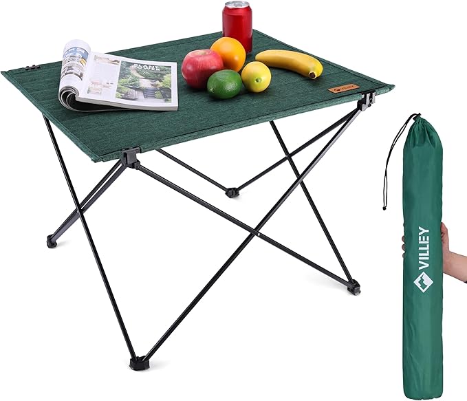 VILLEY Folding Camping Table with Carry Bag, Portable Lightweight Beach Table with Oxford Fabric and Reinforced Aluminum Panel for Outdoor, Camping, Picnic, Backyards, BBQ