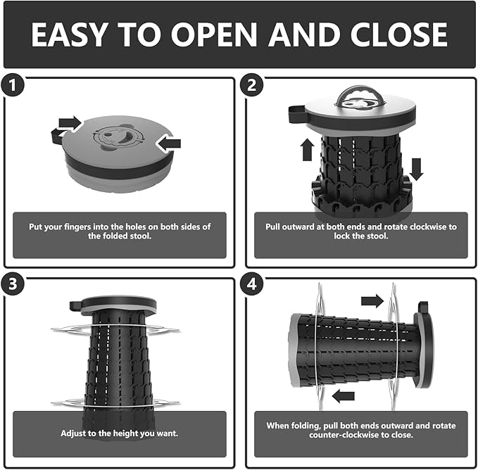 Upgraded Collapsible Stool with Max Load Capacity 330lbs Portable Telescoping & Folding Design Retractable Seat for Camping, Gardening, Fishing & Outdoor Adventures (Grey)