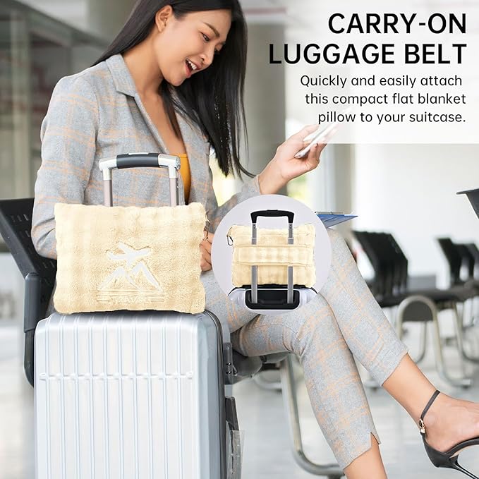 Travel Blanket and Pillow-2-in-1, Ultra-Soft&Compact, One-Piece Airplane Blanket with Hand Luggage Belt and Backpack Clip,Travelers Accessories Gifts, 61x43 Inches(White)