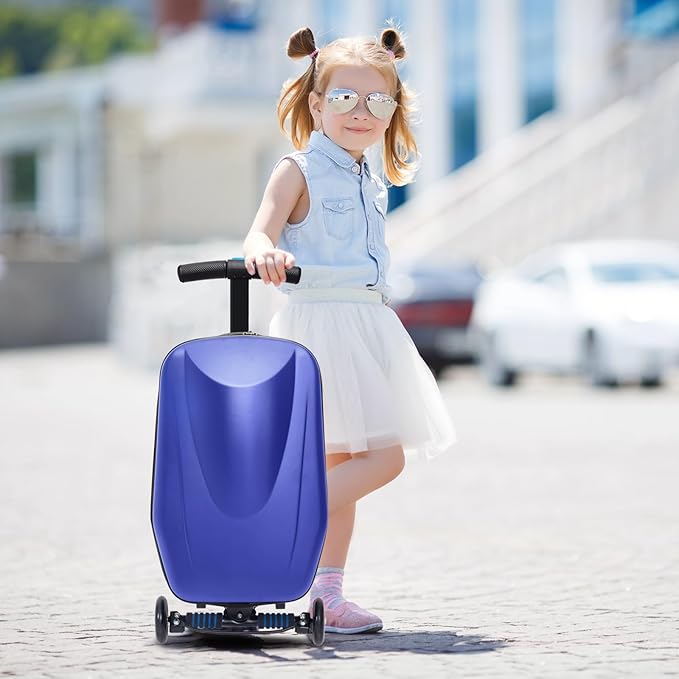 2-in-1 Ride-On Scooter Suitcase, 20” Foldable Hardshell Carry-On Luggage for Travel, Lightweight Kids Scooter Bag with Wheels
