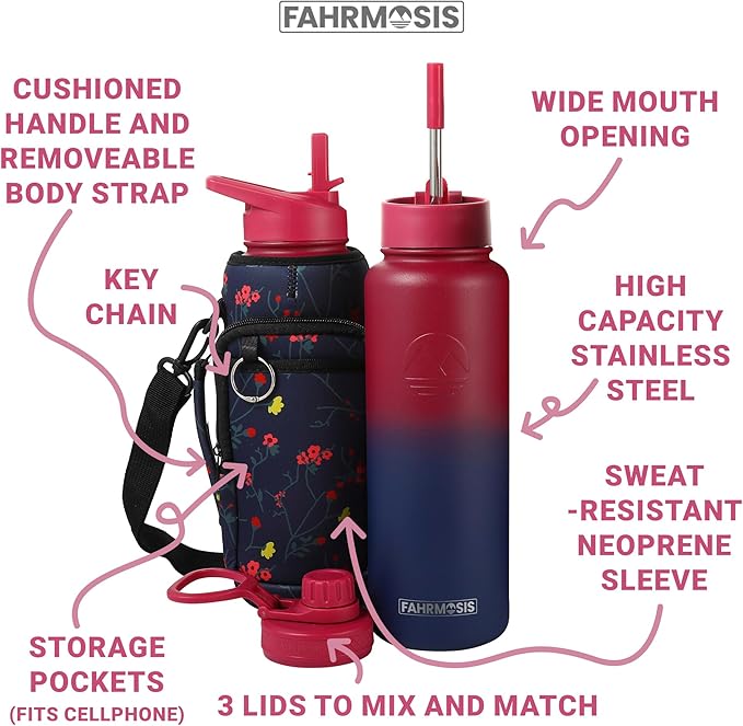 40 Oz Water Bottle with Strap Stainless Steel Sports Water Bottle with 3 Lids (Straw, Chug and Flip Lid) Insulated Leak Proof Metal Jug for Men & Women - Red Fusion