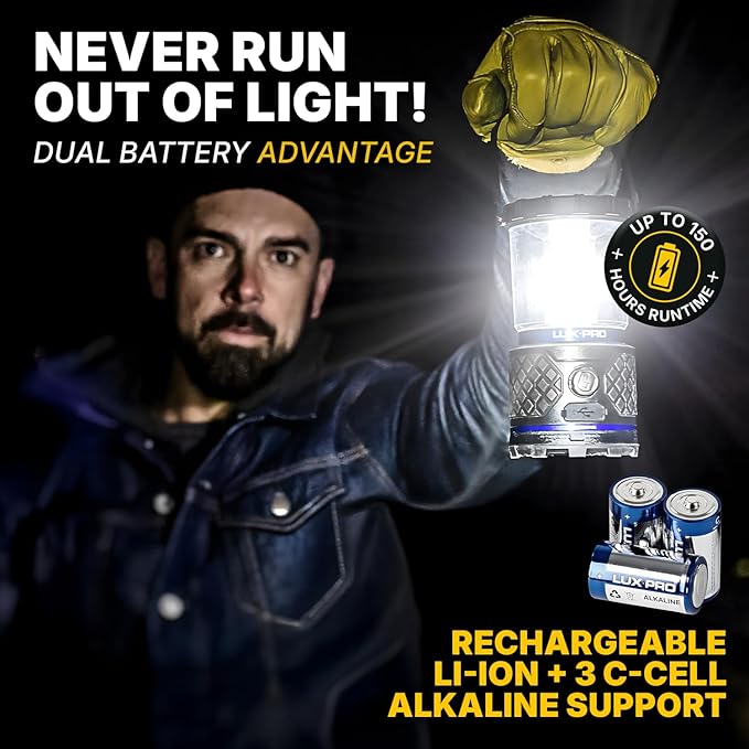 LUXPRO Rechargeable Dual-Power 1100 Lumen LED Lantern for Up to 150 Hours of Use - Camping Lantern with Built-in Power Bank - Dimmable LED Light with IPX4 Water-Resistant Rating (Camping Lantern)