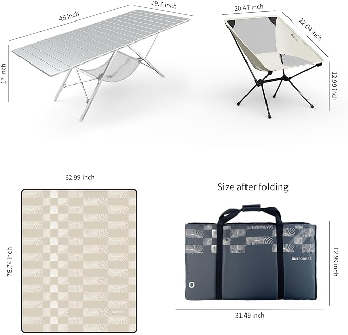 ONEFOREST Camping Table with 2 Camping Chairs and Picnic Blanket, Blanket Tote to Organize Table and Chairs for Outdoor Hiking Picnics BBQ Cooking