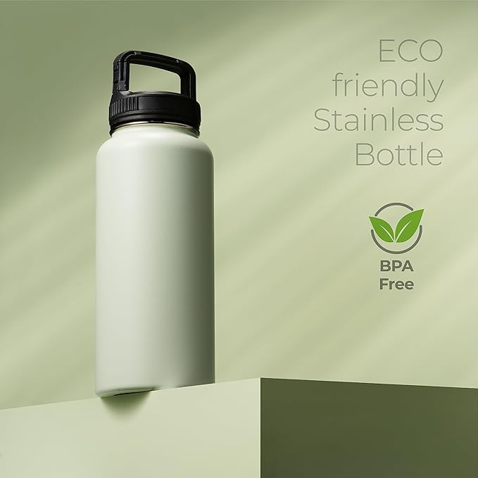 SipX™ Triple-Insulated Stainless Steel Water Bottle 32oz. With 3 Lids, BPA-Free Reusable Insulated Water Bottle Keeps Cold 24 Hours, Metal Water Bottle Made Of Sustainable Material For Hiking & Biking