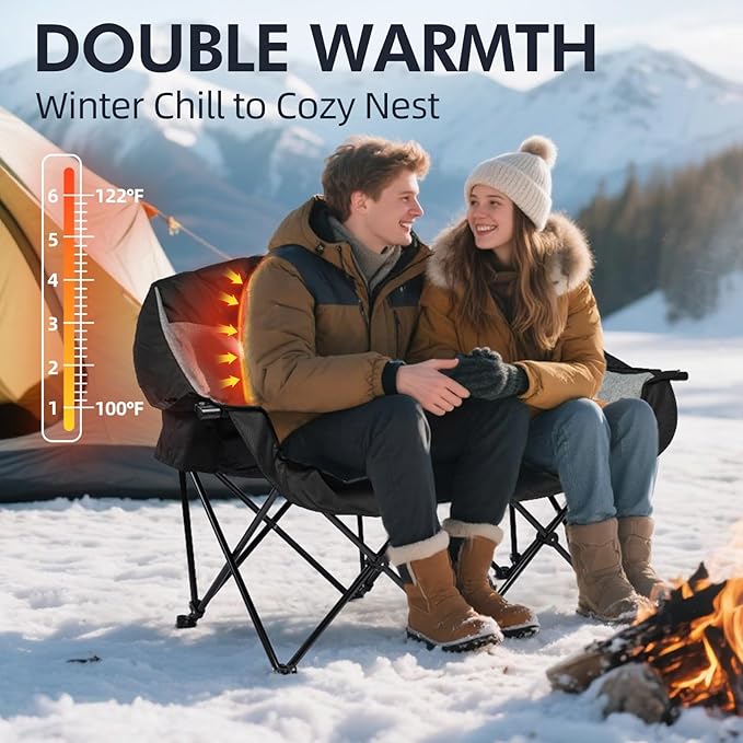 Heated Double Camping Chair - Heated Loveseat Chair for 2 Person Heavy Duty Oversized Padded Camping Couch for Adults Outdoor Sports Lawn Portable Folding Chairs