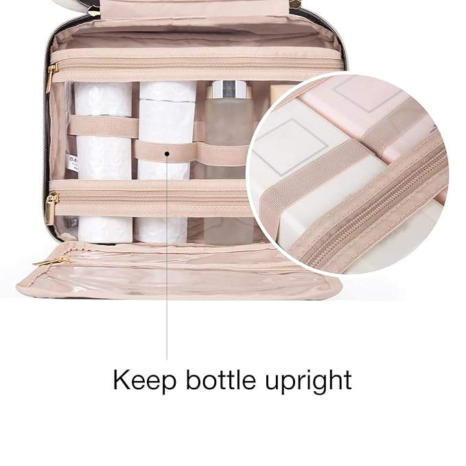 BAGSMART Toiletry Bag Travel Bag with Hanging Hook, Water-resistant Makeup Cosmetic Bag Travel Organizer for Accessories, Shampoo, Full-size Container, Toiletries (Camel, Medium)
