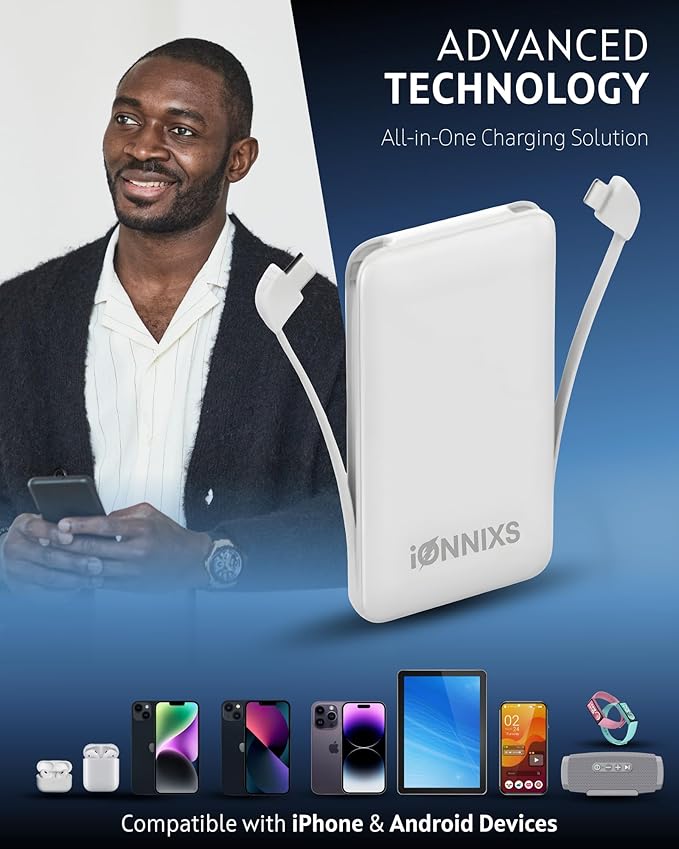 Portable Charger with Built in Cable - 10000mAh Ultra-Slim Portable Charger Power Bank with USB-C Cable, Lightning Cable - Fast Charge 20W - LED Battery Indicator, Power Bank (Gray, 10.000mAh)