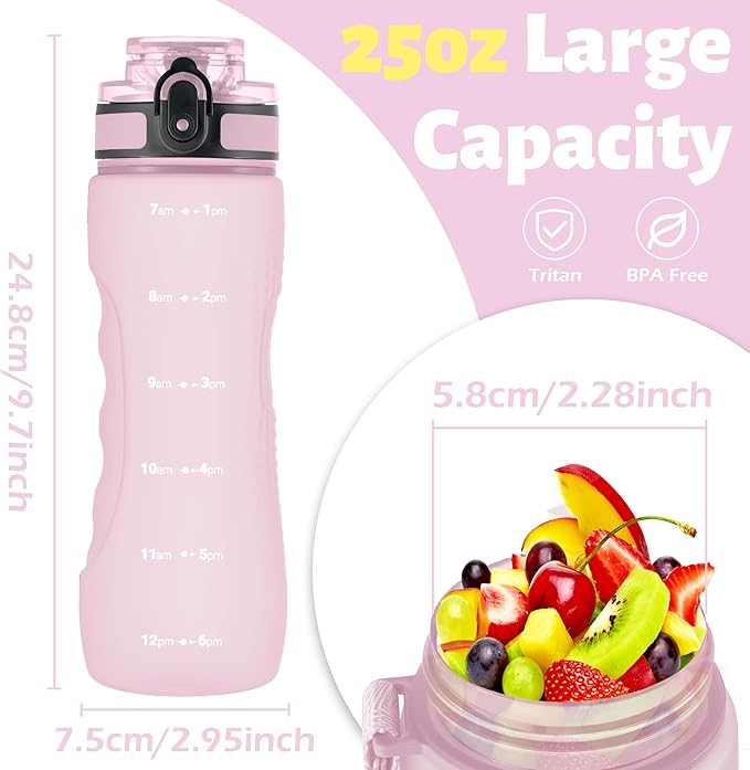 OLDLEY 25 oz Water Bottle, Motivational Water Bottle with Time Marker, Sports Water Bottle With Strap, Leakproof & BPA Free Large Water Bottles for School, Gym, Travel, Outdoor, Tritan,Pink