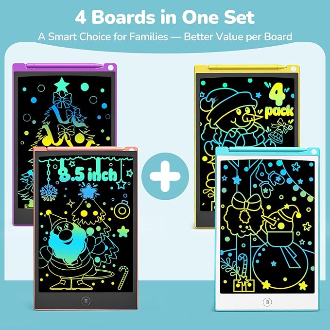 TECJOE 4 Pack LCD Writing Tablet, 8.5 Inch Colorful Drawing Board, Kids Travel Games Activity Learning Toys, Birthday Gifts for 3-8 Year Old Boys Girls Toddlers Preschooler