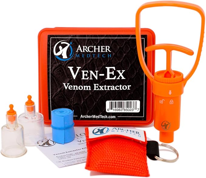 Archer MedTech Ven‑Ex Snake Bite & Bee Sting Kit – Portable Venom Extractor Pump with 2 Suction Cups, Tourniquet & Bonus Key‑chain CPR Face Shield – Compact First Aid for Hiking, Camping & Backpacking