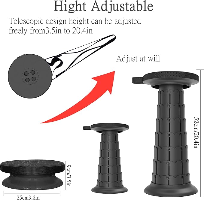 ALEVMOOM Upgraded 20.4" Portable Collapsible Folding Stool with Cushion Retractable Telescoping Stool for Adults Sturdy Capacity 550lbs Camping Chair for Outdoor Hiking Garden BBQ with Bag