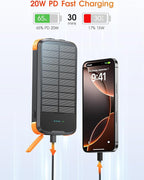 Solar Charger Power Bank, PD 20W Fast Charging External Batter, 40000mAh Portable Phone Charger Built in 4 Cables with Dual Bright Flashlights for Camping, Hiking, and Outdoor Use