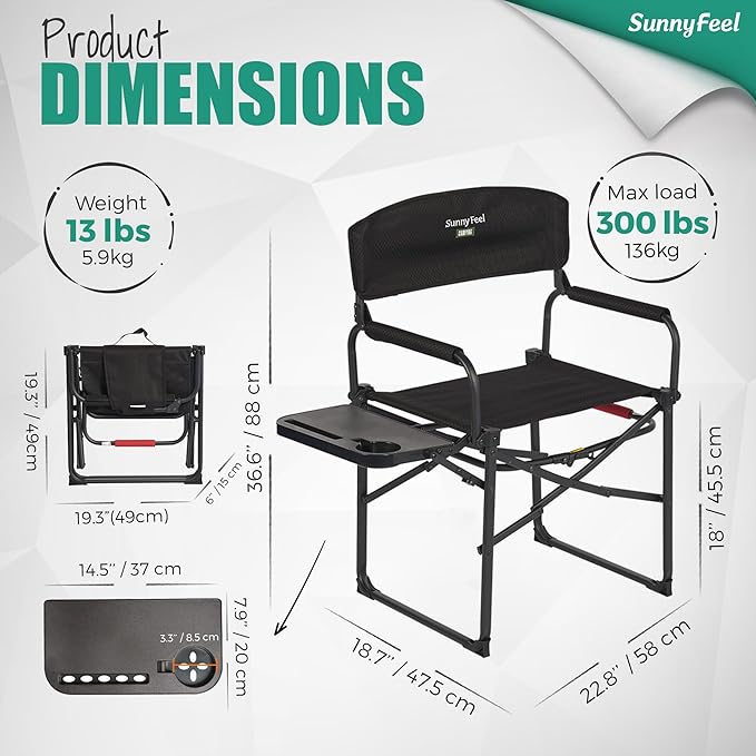 SUNNYFEEL Camping Directors Chair, Heavy Duty,Oversized Portable Folding Chair with Side Table, Pocket for Beach, Fishing,Trip,Picnic,Lawn,Concert Outdoor Foldable Camp Chairs