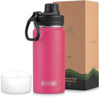 koodee Kids 16oz Stainless Steel Vacuum Insulated Water Bottle for Back to School Wide Mouth Flask with Leakproof Spout Lid (Pink Red)