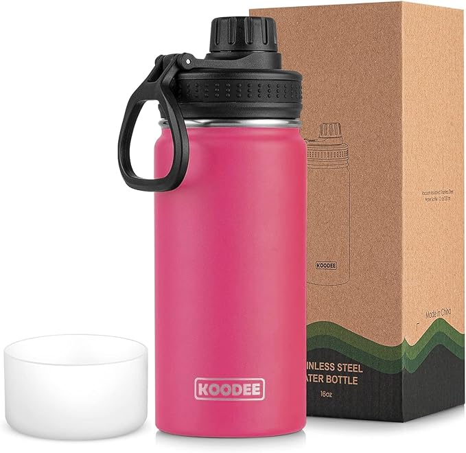 koodee Kids 16oz Stainless Steel Vacuum Insulated Water Bottle for Back to School Wide Mouth Flask with Leakproof Spout Lid (Pink Red)