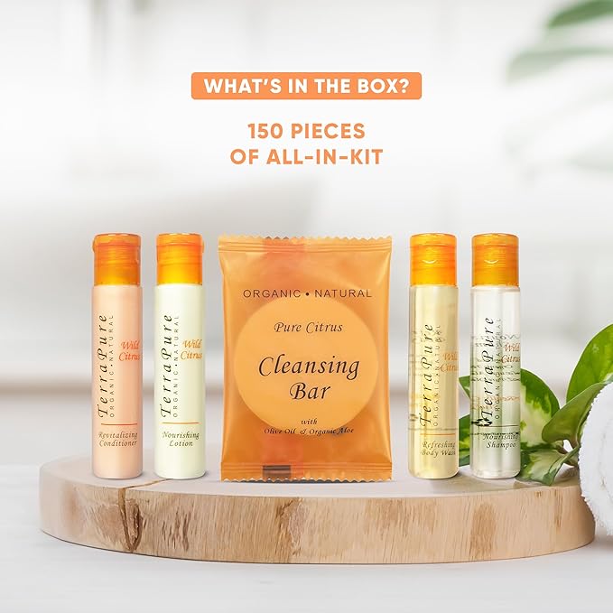Terra Pure Wild Citrus Toiletries Set | 1-Shoppe Amenities Kit | 1oz Shampoo, Conditioner, Body Wash, Lotion, 1oz Bar Soap | 150 Pieces