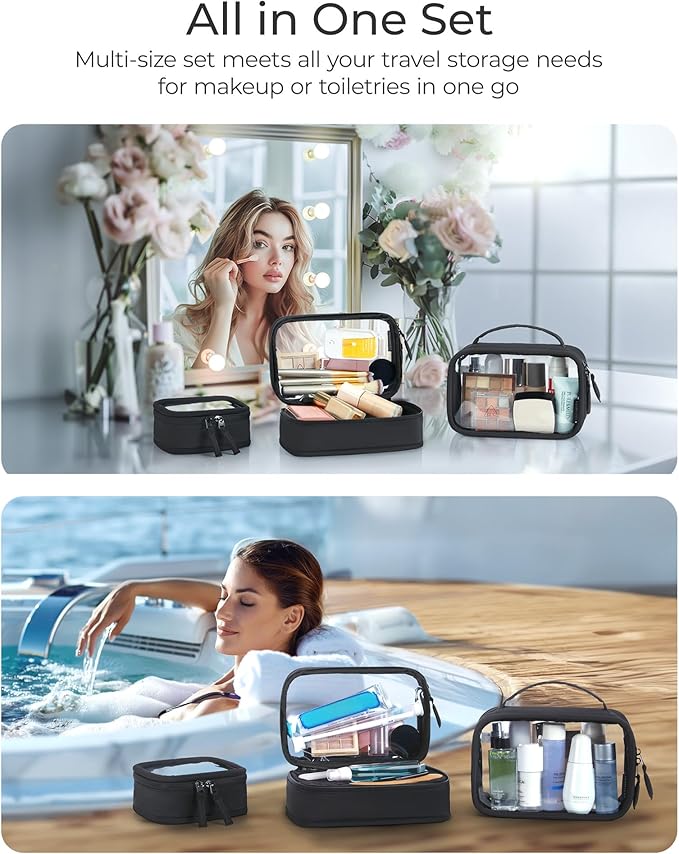 BAGSMART Clear Makeup Bag - TSA Approved Toiletry Bag with Handle Large Opening, Water-Resistant Durable PVC Clear Toiletry Bags for Traveling Travel Essentials (Pink)