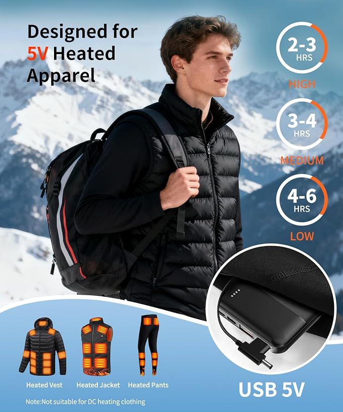 2PCS 10000mAh Heated Vest Battery Pack USB 5V, Heating Vest Portable Charger with USB/Type C Output Ports, Power Bank for Heated Jacket,Battery Pack for Heated Vest/Jacket/Hoodie/Coat