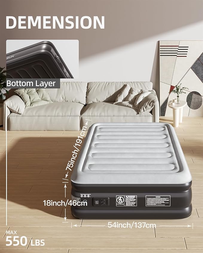 CHILLSUN 2025 Upgraded Air Mattress Full with Built in Pump, 18" Raised Comfort Blow up Mattress, Inflatable Mattress Colchon Inflable, Flocked Top Air Bed with Storage Bag for Home Camping & Guests