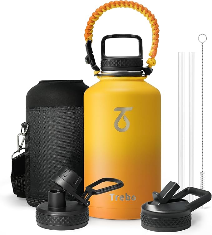 Trebo Insulated Water Bottle 64 oz, Half Gallon Metal Vacuum Water Jug with Paracord Handle and 3 Lids, Leakproof BPA-Free Water Flask for Gym Sports Hiking Travel, Keep Cold 48 Hours, Orange