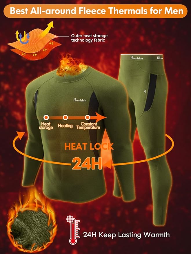 romision Thermal Underwear for Men Long Johns Fleece Lined Hunting Gear Bottom Top Set Base Layer for Cold Weather Gift