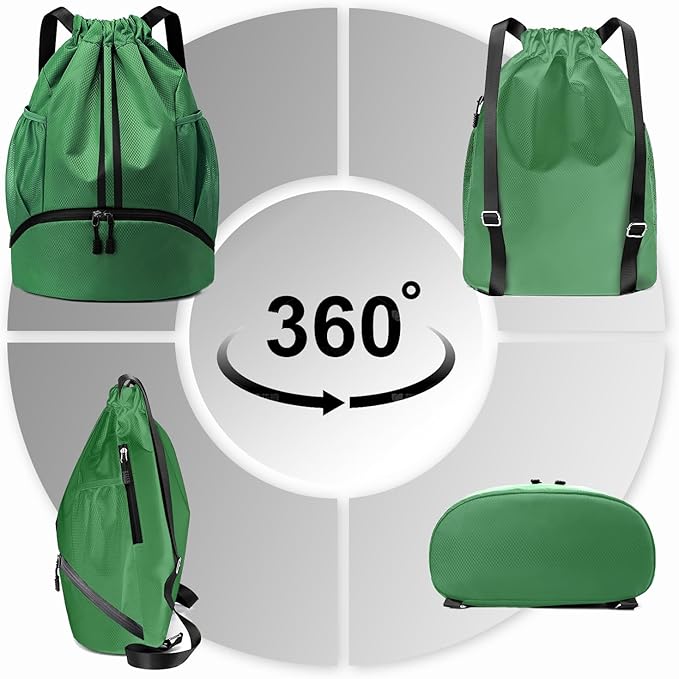 Hoedia Sports Drawstring Backpack - String Swim Gym Bag with Shoes Compartment and Wet Proof Pocket for Women/Men (Dark Green)