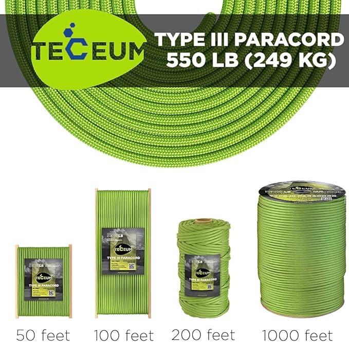 TECEUM 5/32" Paracord Rope 1000 – 1000ft / 200ft / 100ft / 50ft – Tactical Parachute Cord 4mm – 45+ Colors – Nylon String for Survival & Camping Gear – Stripe Cord for Survival – Utility Rope
