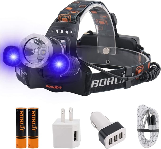 BORUIT RJ-3000 Rechargeabe LED Headlamp Super Bright with Black Light, 3 Modes Super Bright USB Head Lamp IPX4 Waterproof Headlight for Adults USB Outdoor Fishing Camping