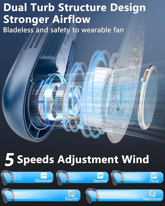 Neck Fan with Cooling Plate,5500mAh Neck Fans that Blow Cold Air Rechargeable Battery Operated,USB-C Bladeless Air Conditioner Cooling Plate AC Cooler,Quiet Head Wearable Hangs Around Neck Device Blue