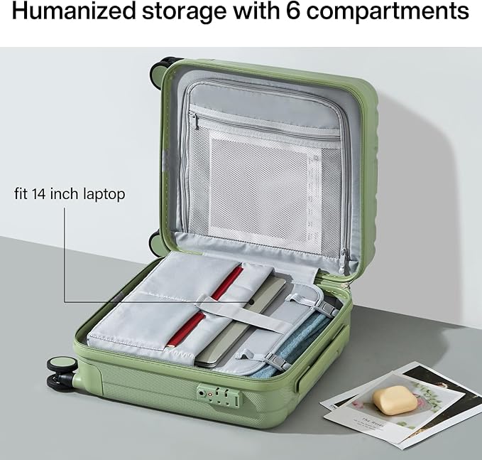 Hanke 16 Inch Underseat Carry on Luggage with Wheels,Small Hard Shell Suitcases for Weekender,Travel Approved Lightweight Travel Luggage Suitcase for Womem Men,Bamboo Green.