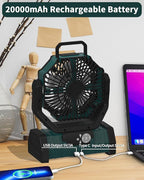 ADUST Camping Battery Operated Powered Fan with LED Lantern Light 20000mAh Rechargeable Portable, Oscillating Fan with 360° Rotation Hanging Hook for Tents, Cordless USB Desk Fan(Blackish Green)