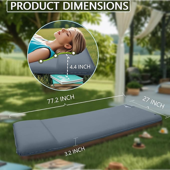 Sleeping Pad With Electric Pump: Self Inflating Sleeping Pad with 3.14" Ultra-thick Memory Foam & Built-in Pillow All Season Camping Mattress for Tent Travel Car - Self Inflating Air Mattress Grey