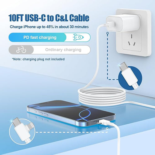 2 in 1 iPhone Fast Charger Cable 10ft, Long USB C to C Charging Cord/Type C to Lightning for Apple iPhone 17 Pro Max/17 Air/16 Pro/16e/15 Plus/14/13/12 Mini/11/XS/XR/X/8/7 Plus/6S/iPad/MacBook Pro